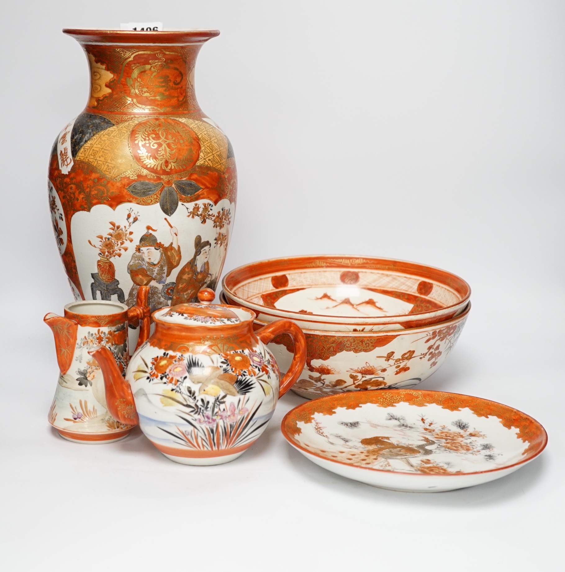 A group of Japanese Kutani porcelain wares including two bowls and a large vase, largest 34cm high